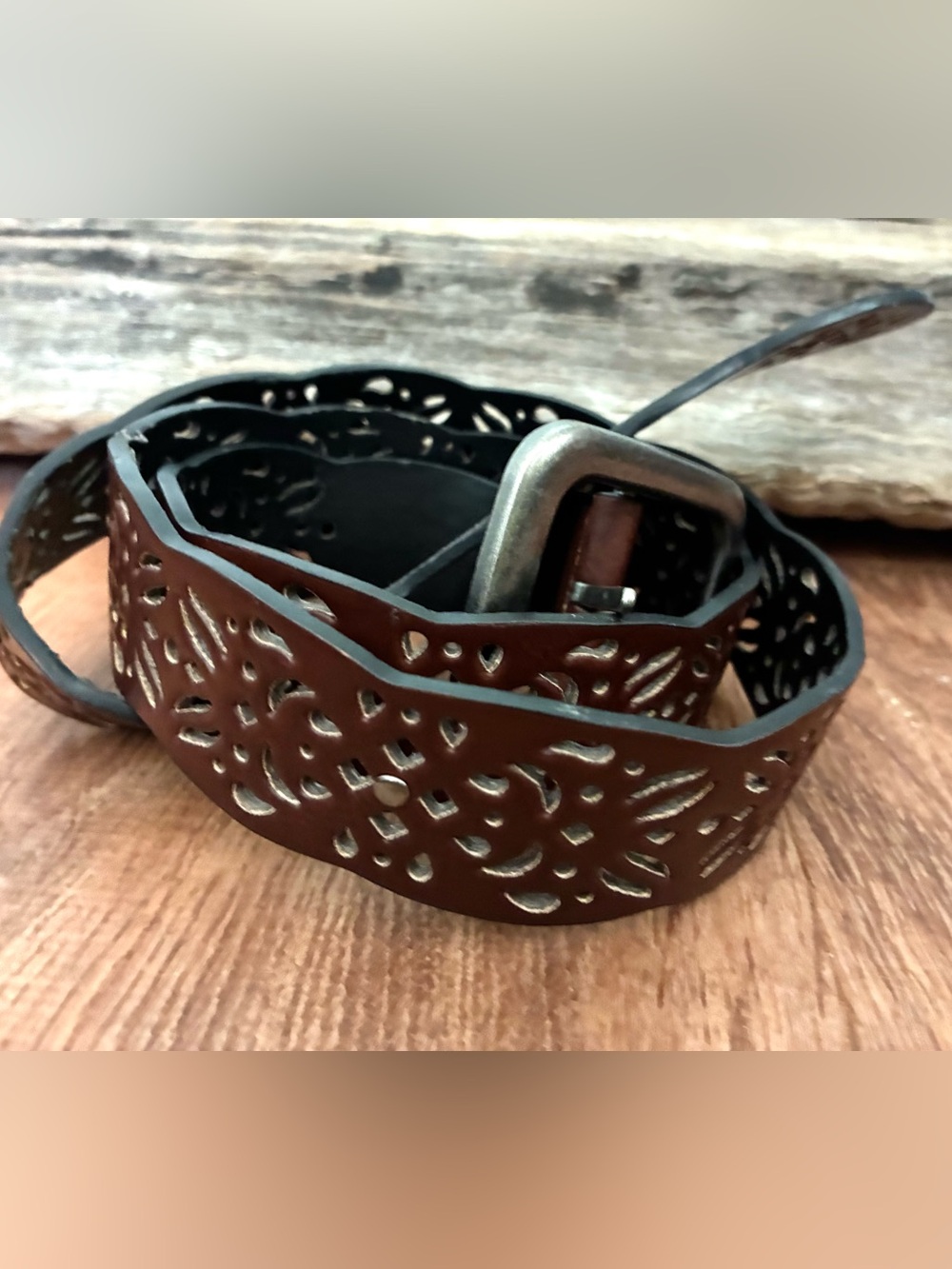 Black and Brown Reversible Cutout Wide Belt Boho Western Festival Statement Belt